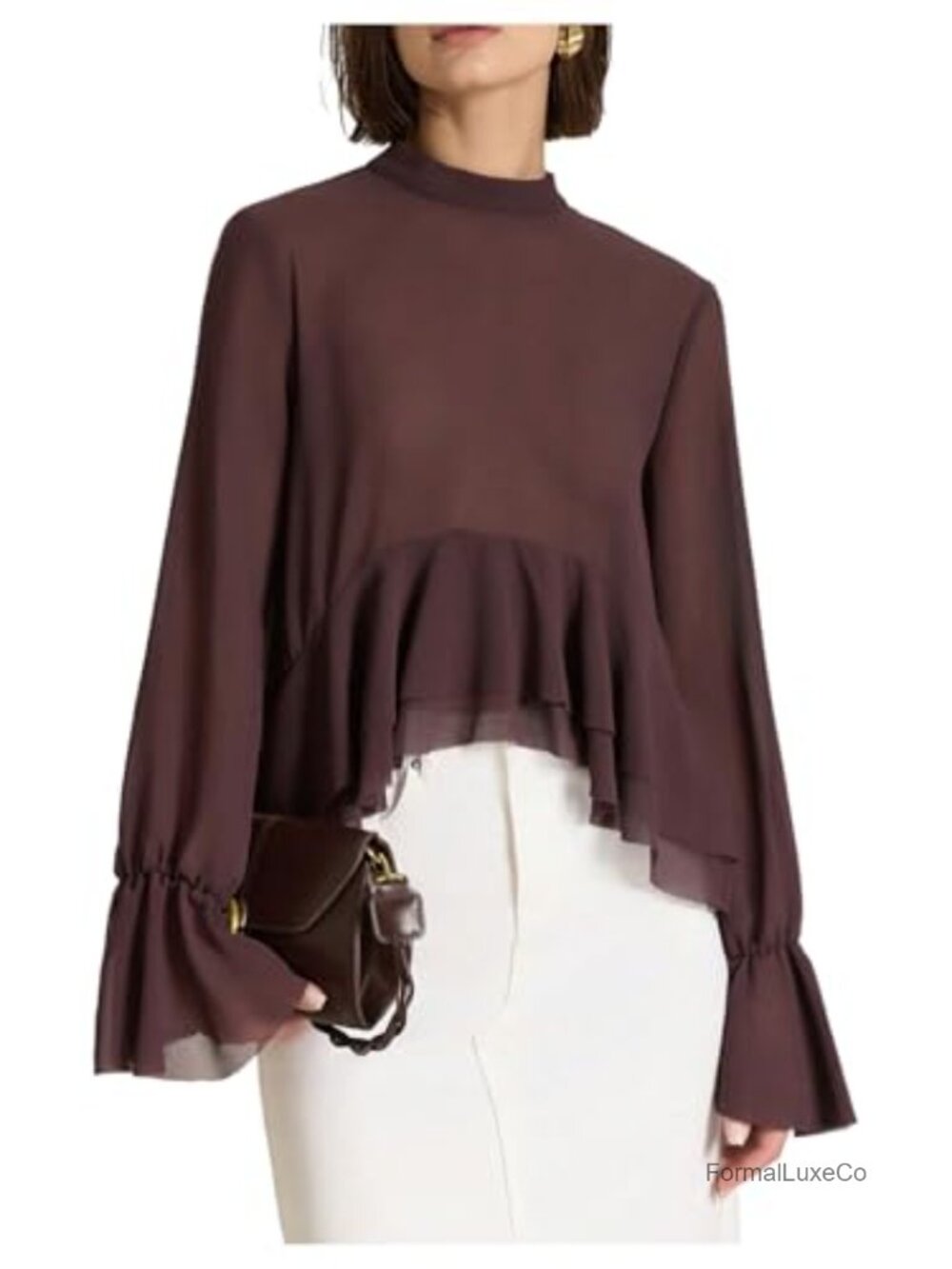 Women's Chiffon Ruffle High Low Blouse Long Sleeve Mock Neck Tie Back